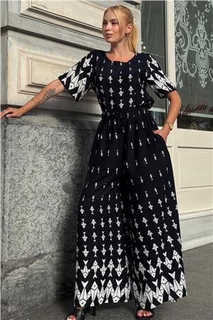 Kadın Ekru Bisiklet Yaka Desenli Bluz Ve Pantolon Takım VS00801