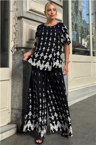 Kadın Ekru Bisiklet Yaka Desenli Bluz Ve Pantolon Takım VS00801