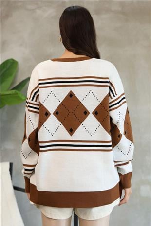 Kadın Ekru Bisiklet Yaka Baklava Desenli Triko Kazak Alc-X14742