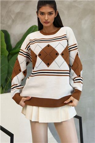 Kadın Ekru Bisiklet Yaka Baklava Desenli Triko Kazak Alc-X14742