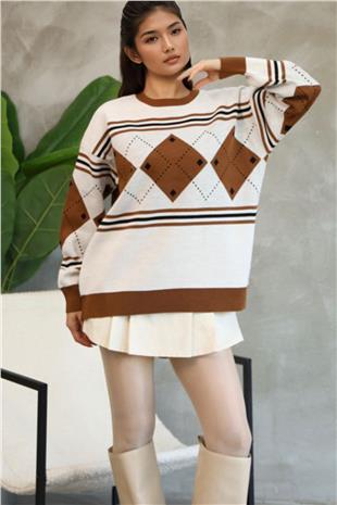 Kadın Ekru Bisiklet Yaka Baklava Desenli Triko Kazak Alc-X14742