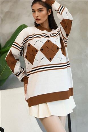 Kadın Ekru Bisiklet Yaka Baklava Desenli Triko Kazak Alc-X14742