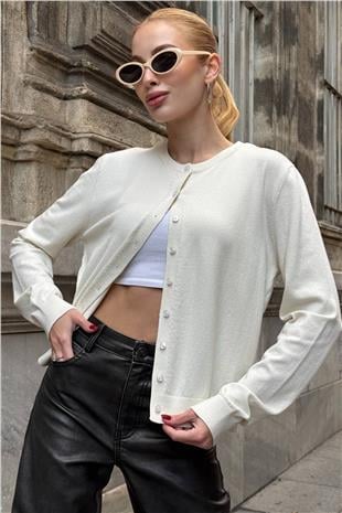 Kadın EKRU Bisiklet Yaka Düğmeli Triko Hırka VS01640