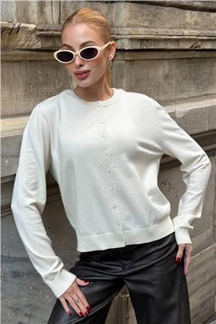 Kadın EKRU Bisiklet Yaka Düğmeli Triko Hırka VS01640