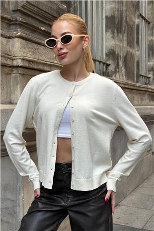 Kadın EKRU Bisiklet Yaka Düğmeli Triko Hırka VS01640