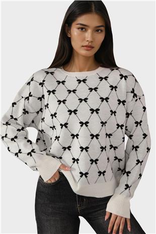 Kadın Ekru Bisiklet Yaka Kurdale Desenli Triko Kazak Alc-X14822