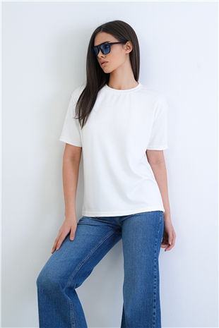 Kadın Ekru Bisiklet Yaka Oversize T-Shirt Alc-X15262