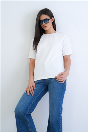 Kadın Ekru Bisiklet Yaka Oversize T-Shirt Alc-X15262