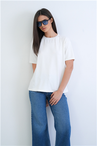 Kadın Ekru Bisiklet Yaka Oversize T-Shirt Alc-X15262