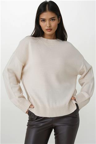Kadın Ekru Bisiklet Yaka Oversize Triko Kazak Alc-X14901
