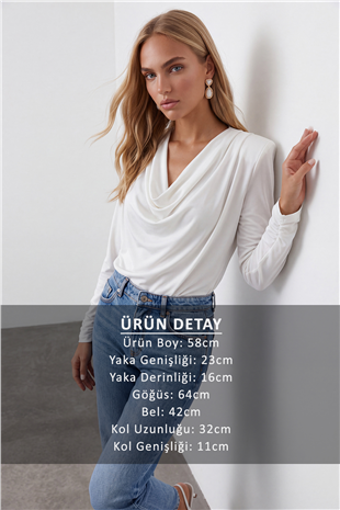 Kadın Ekru Degaje Yaka Geniş Kesim Örme Bluz ALC-X13126