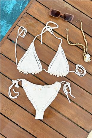 Kadın EKRU Deniz Kabuğu Detaylı Tığ İşlemeli İpli Bikini PRM0908