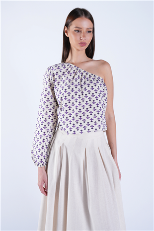 Kadın Ekru Desenli Tek Kol Çiçek Desenli Dokuma Bluz Alc-X15098