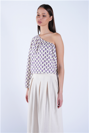 Kadın Ekru Desenli Tek Kol Çiçek Desenli Dokuma Bluz Alc-X15098