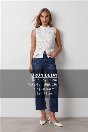 Kadın Ekru Dik Yaka Dantelli Bohem Yelek Bluz Alc-X15662