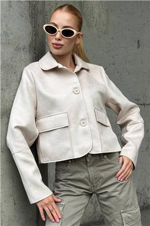Kadın EKRU Düğmeli Cep Detaylı Süet Ceket VS01424
