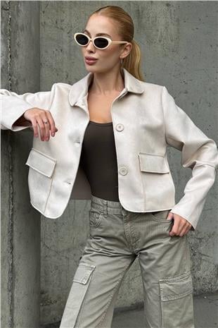 Kadın EKRU Düğmeli Cep Detaylı Süet Ceket VS01424