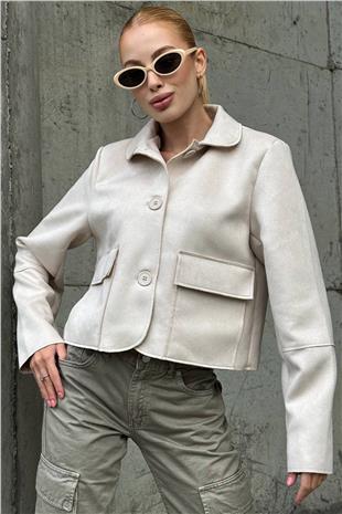 Kadın EKRU Düğmeli Cep Detaylı Süet Ceket VS01424