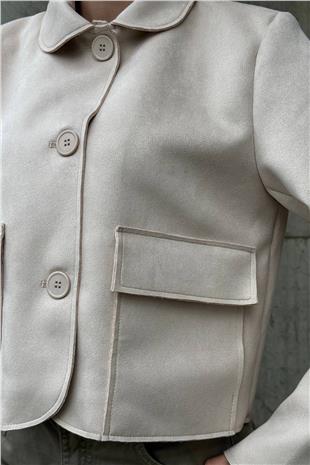 Kadın EKRU Düğmeli Cep Detaylı Süet Ceket VS01424