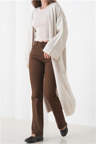 Kadın EKRU Geniş Kol Çift Cepli Uzun Triko Hırka VS01436