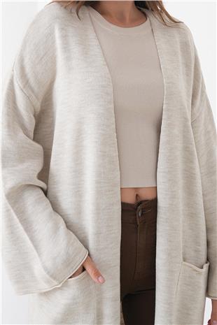 Kadın EKRU Geniş Kol Çift Cepli Uzun Triko Hırka VS01436