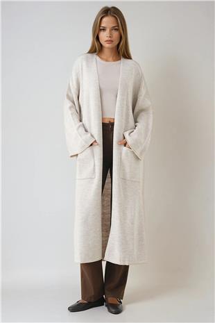 Kadın EKRU Geniş Kol Çift Cepli Uzun Triko Hırka VS01436