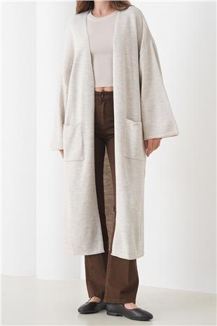 Kadın EKRU Geniş Kol Çift Cepli Uzun Triko Hırka VS01436