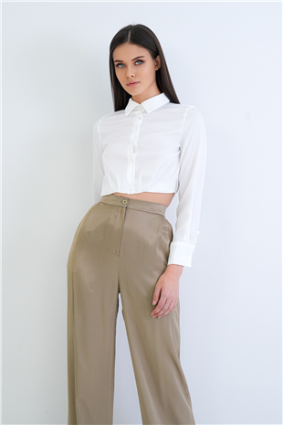 Kadın Ekru Geniş Manşetli Crop Saten Gömlek Alc-X15264