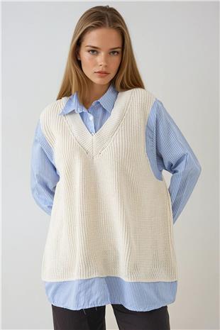 Kadın EKRU Gömlek Detaylı V Yaka Triko Süveter Bluz VS01439