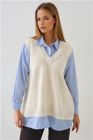 Kadın EKRU Gömlek Detaylı V Yaka Triko Süveter Bluz VS01439