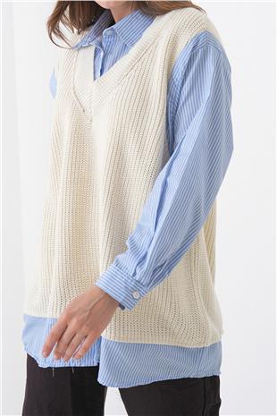 Kadın EKRU Gömlek Detaylı V Yaka Triko Süveter Bluz VS01439