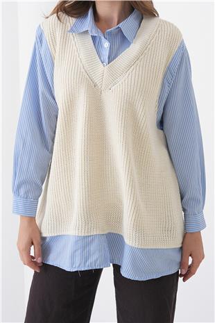 Kadın EKRU Gömlek Detaylı V Yaka Triko Süveter Bluz VS01439