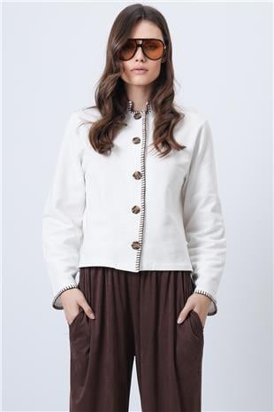 Kadın Ekru Hakim Yaka Çoban Dikişli Hırka Alc-X14726