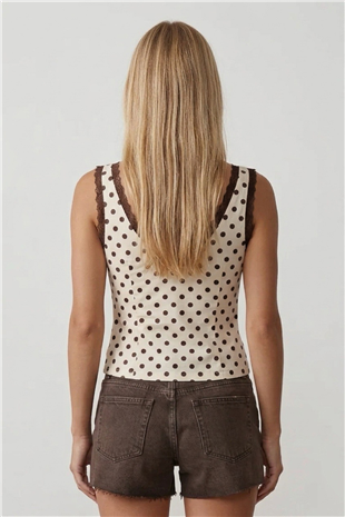 Kadın Ekru Kahve Askılı Drape Detaylı Puantiyeli Crop Bluz Alc-X15484