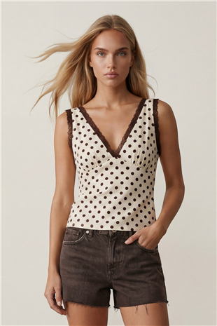 Kadın Ekru Kahve Askılı Drape Detaylı Puantiyeli Crop Bluz Alc-X15484
