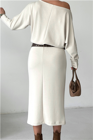 Kadın Ekru Kayık Yaka Beli Lastikli Midi Boy Elbise Alc-X15226