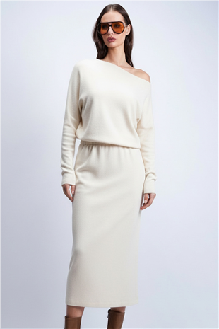 Kadın Ekru Kayık Yaka Beli Lastikli Midi Boy Elbise Alc-X15226