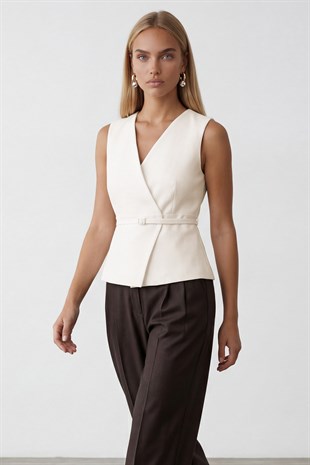 Kadın Ekru Kemerli Anvelop Kapamalı İçi Astarlı Yelek Alc-X15468