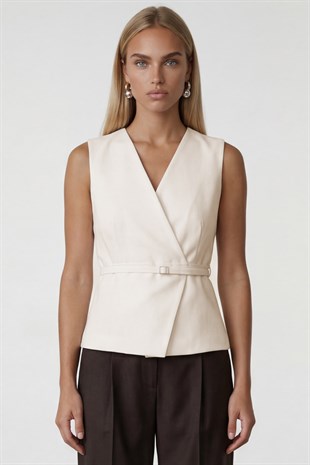 Kadın Ekru Kemerli Anvelop Kapamalı İçi Astarlı Yelek Alc-X15468