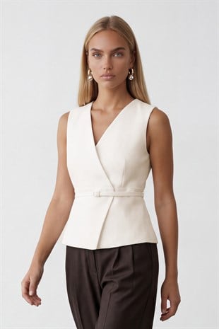 Kadın Ekru Kemerli Anvelop Kapamalı İçi Astarlı Yelek Alc-X15468