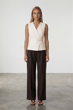 Kadın Ekru Kemerli Anvelop Kapamalı İçi Astarlı Yelek Alc-X15468