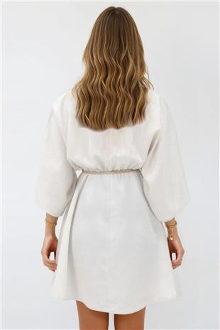 Kadın Ekru Kruvaze Yaka Beli Büzgülü Keten Elbise ALC-X13746