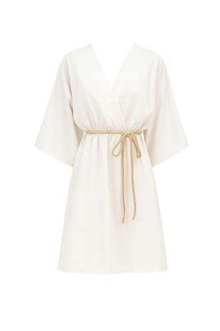 Kadın Ekru Kruvaze Yaka Beli Büzgülü Keten Elbise ALC-X13746