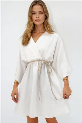 Kadın Ekru Kruvaze Yaka Beli Büzgülü Keten Elbise ALC-X13746