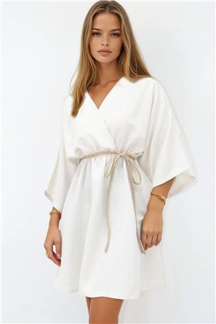 Kadın Ekru Kruvaze Yaka Beli Büzgülü Keten Elbise ALC-X13746