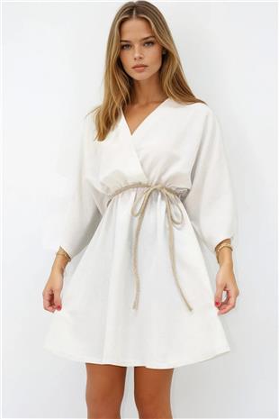 Kadın Ekru Kruvaze Yaka Beli Büzgülü Keten Elbise ALC-X13746