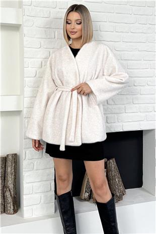 Kadın Ekru Kuşak Detaylı Astarlı Deve Tüyü Kürk Astarlı Kaban VS01586