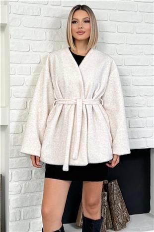 Kadın Ekru Kuşak Detaylı Astarlı Deve Tüyü Kürk Astarlı Kaban VS01586