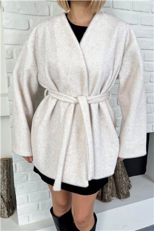 Kadın Ekru Kuşak Detaylı Astarlı Deve Tüyü Kürk Astarlı Kaban VS01586