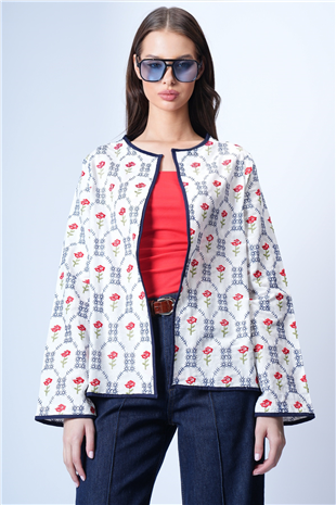 Kadın Ekru-Lacivert Çiçek Desenli Biyeli Dokuma Ceket Alc-X14934